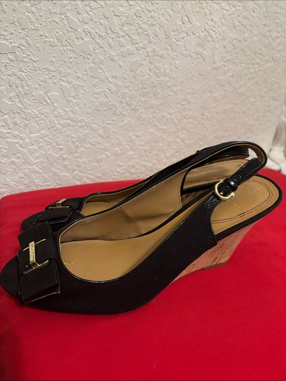 Tommy Hilfiger Black Peep-Toe Slingback Wedge with Bow Accent